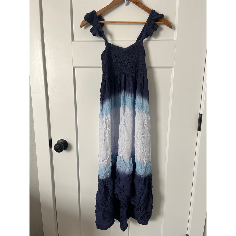 Raviya Blue White Tie Dye Smocked Ruffle Strap Beach Cover Up Maxi Dress Small